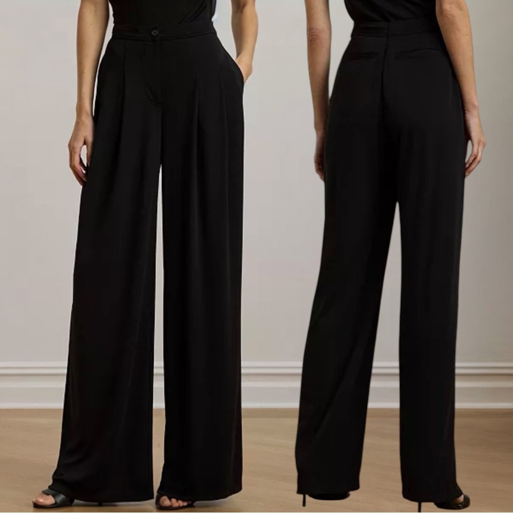 NWT Lauren Ralph Lauren Pleated Stretch Jersey Wide-Leg Pant Black